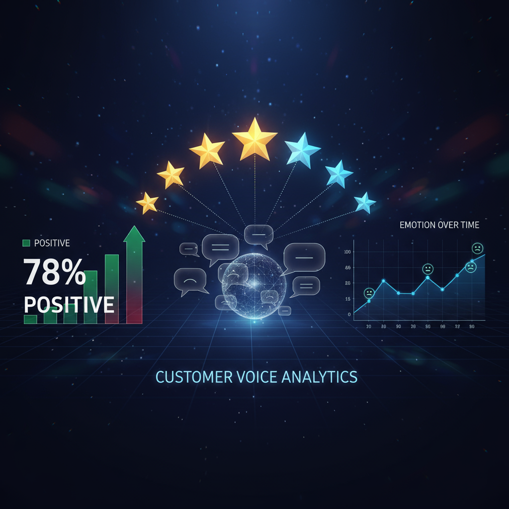 A symbolic image representing sentiment analysis of customer reviews, such as an abstract dashboard with stars, speech bubbles, and graphs in a modern, data-driven style.