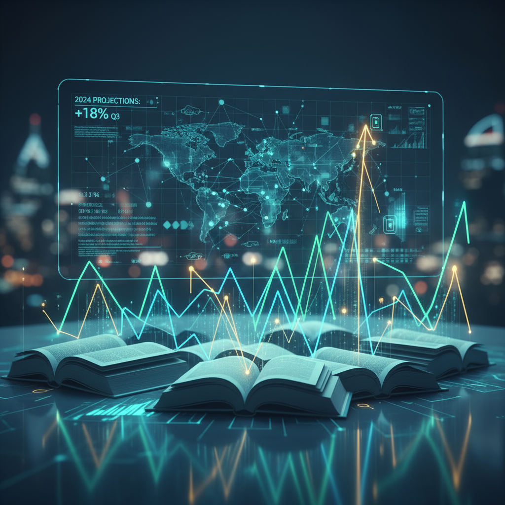 A visually engaging image representing book sales forecasting, such as books with rising graph lines or sales data visualization motifs—clear, modern, data-driven style