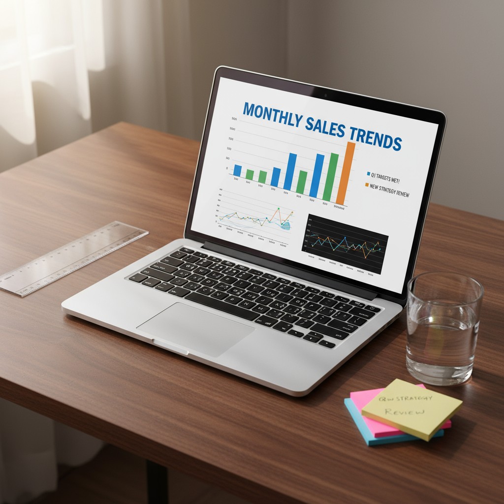 A laptop displaying a monthly sales trends chart, sitting on a desk with a ruler, sticky notes, and a glass of water.