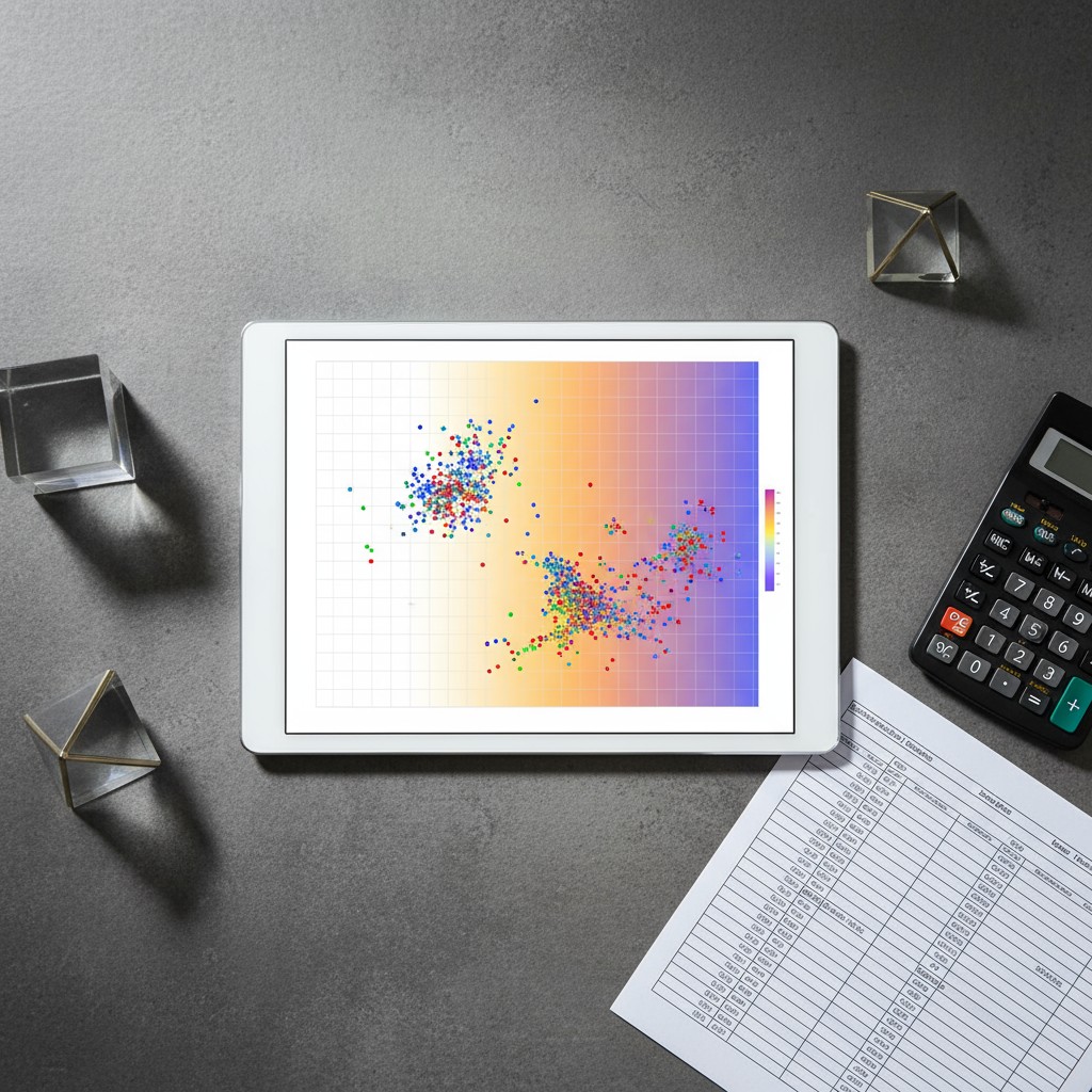 An overhead view of a grey desk holding various items, including a propped-up tablet displaying a heat map against a grid,...