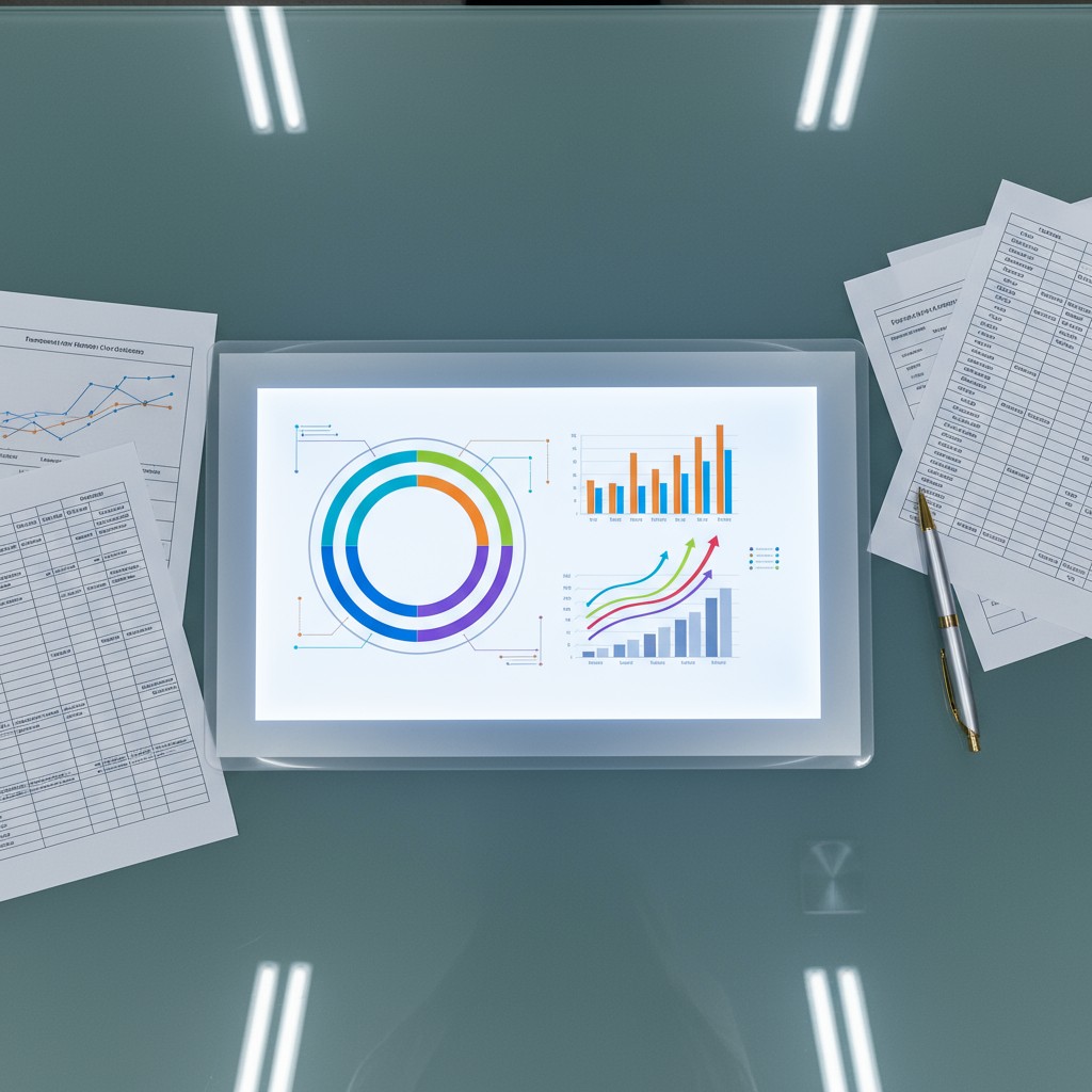 A top-down view of a glass desk with a tablet featuring various bar graphs and charts, accompanied by papers and a pen.