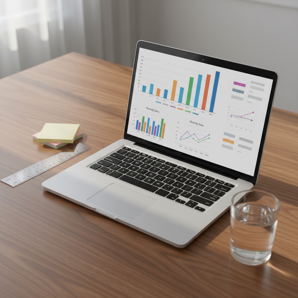 A laptop on a wooden table, with a glass of water, a ruler, and sticky notes nearby, displaying graph screens.