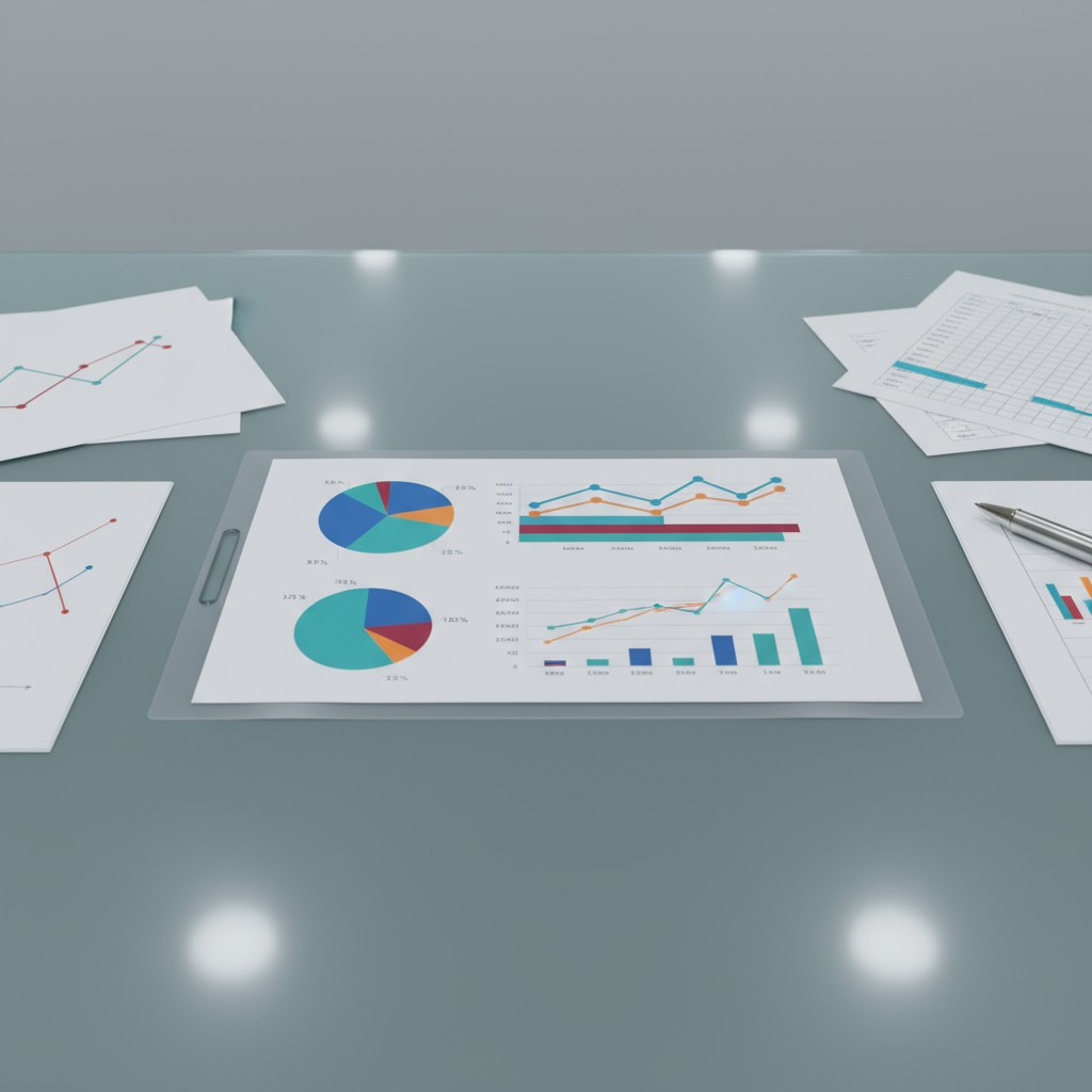 An office table with various business charts and graphs on top of it.