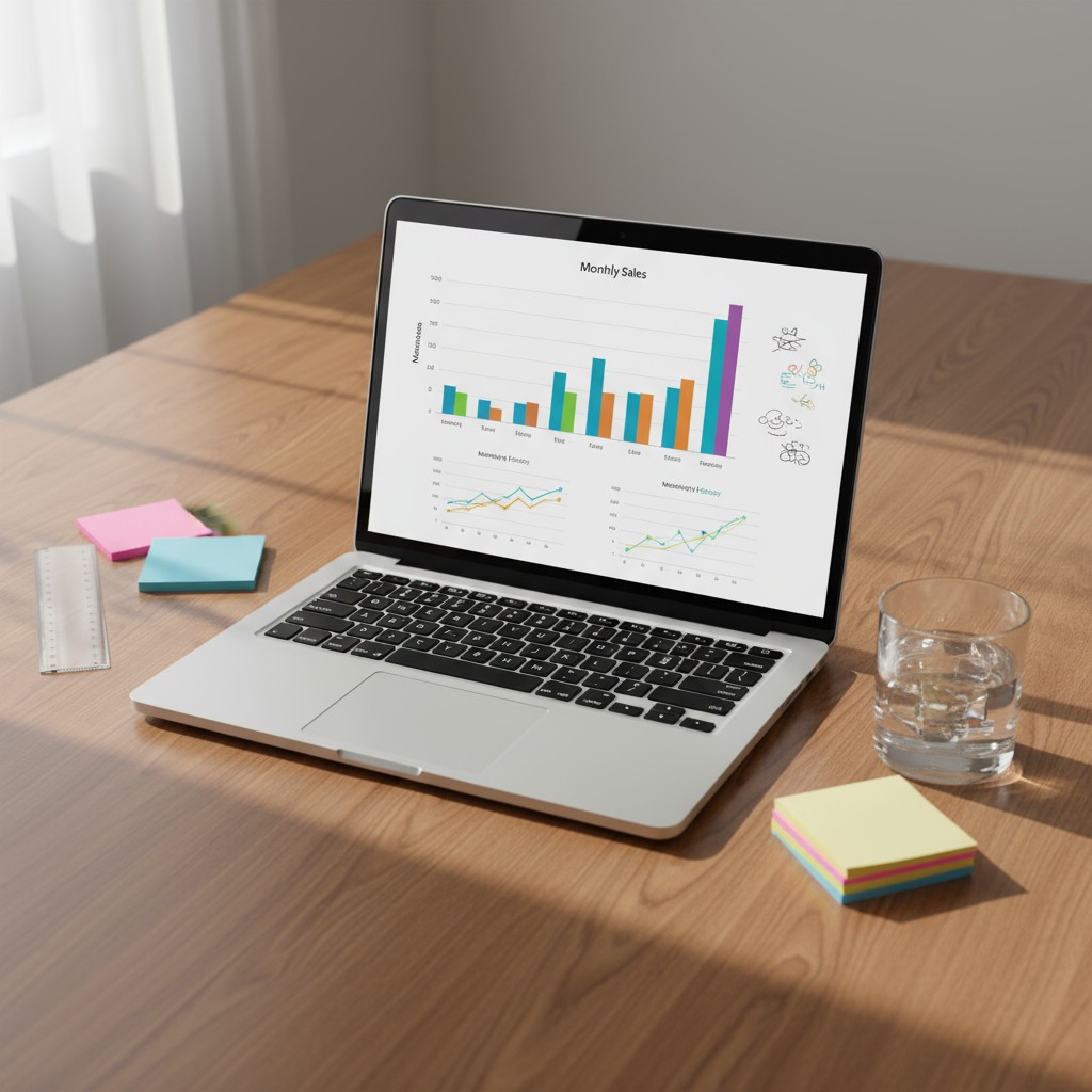 A laptop displaying a bar graph on wood desk with colorful office supplies.