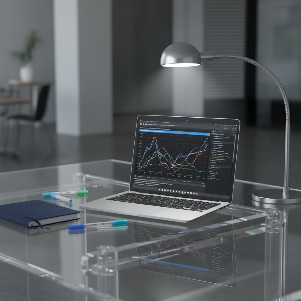 A laptop on a clear desk, displaying a line graph with a lamp and notebook nearby, in a modern home or office setting.