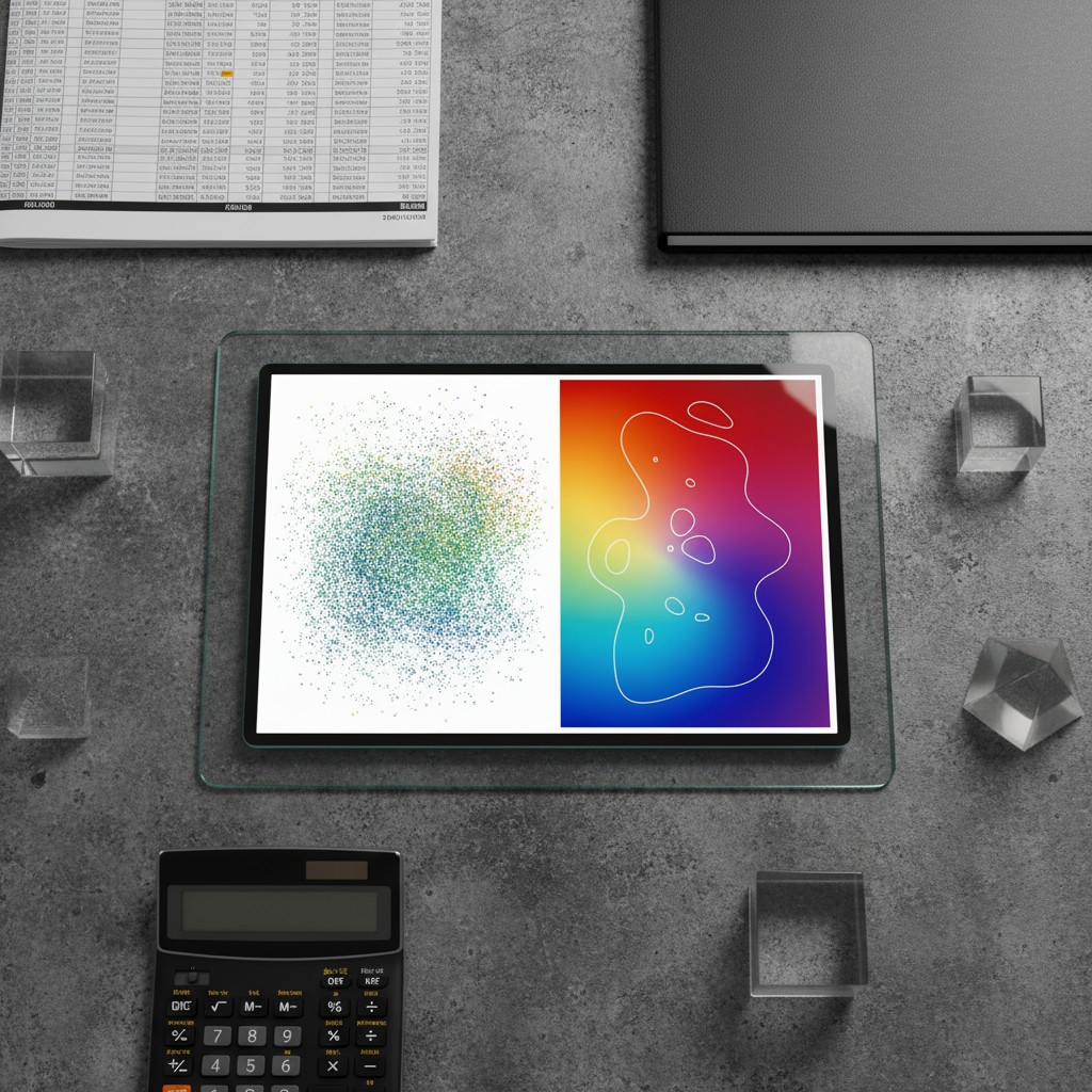 Top-down view of a concrete table with various items and charts.